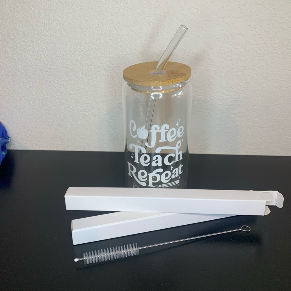 16 oz Soda Glass Cup Bamboo Lid 2 Straws Cleaner Iced Coffee Teach Repeat GIFT🆕